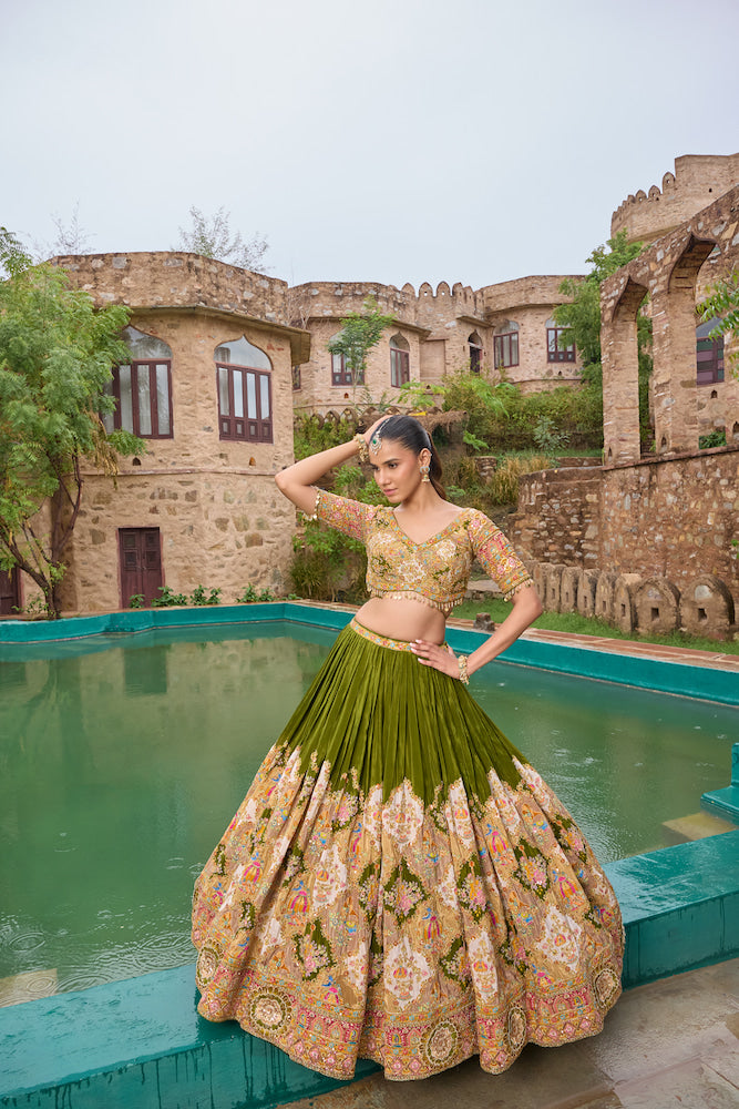 Olive Green Designer Lehenga Choli with Pink Dupatta and Multicolour Embroidered Border