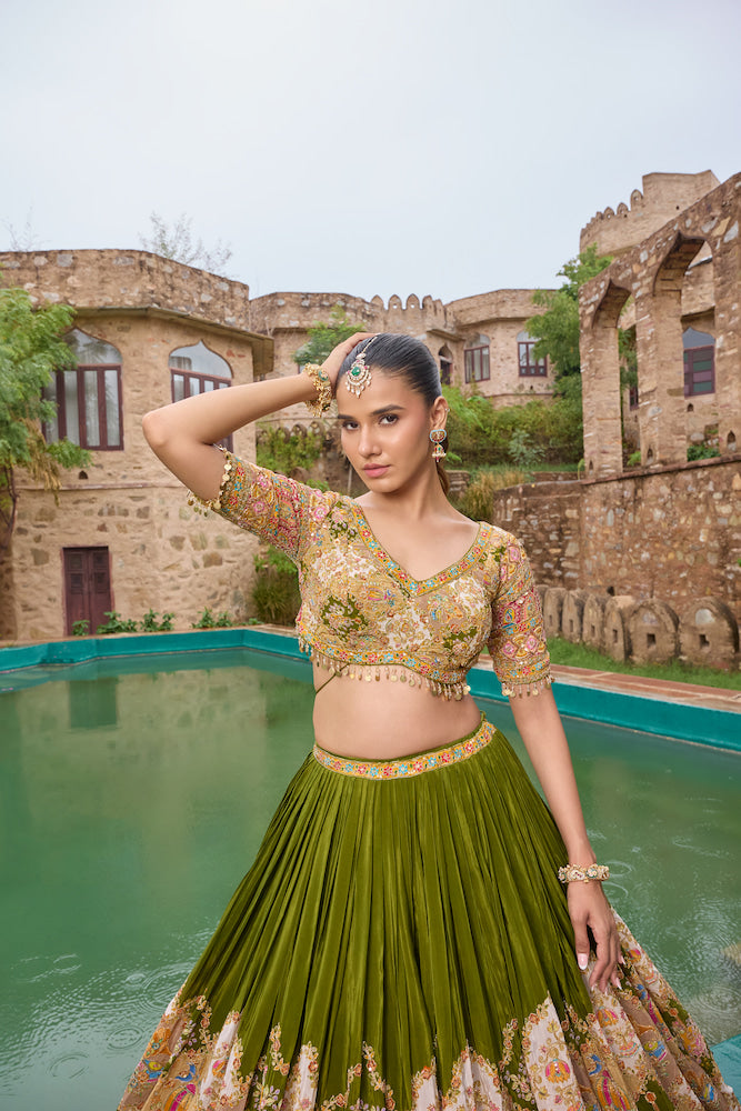 Olive Green Designer Lehenga Choli with Pink Dupatta and Multicolour Embroidered Border