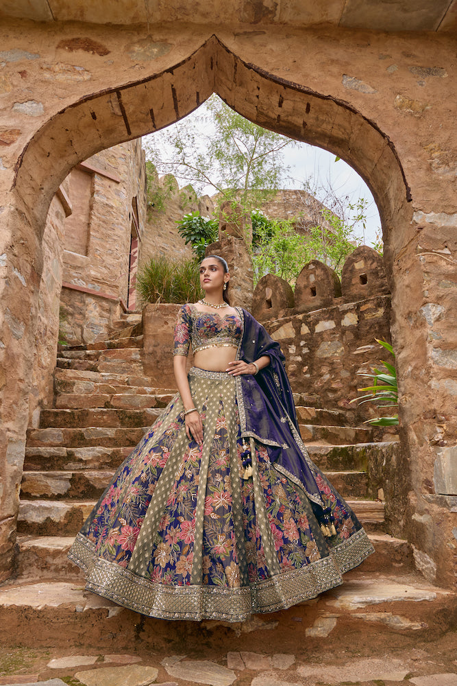 Navy Blue Lehenga Choli with Multicolour Floral Prints and Embellished Dupatta