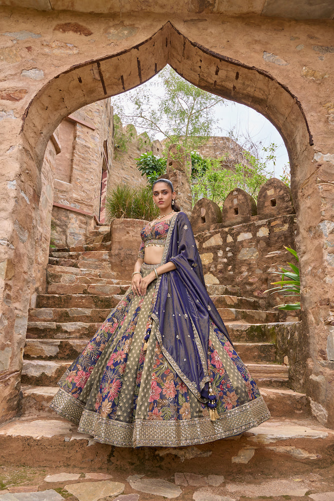 Navy Blue Lehenga Choli with Multicolour Floral Prints and Embellished Dupatta
