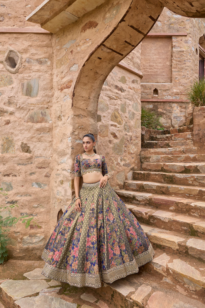 Navy Blue Lehenga Choli with Multicolour Floral Prints and Embellished Dupatta