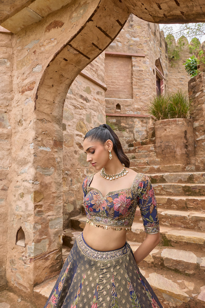Navy Blue Lehenga Choli with Multicolour Floral Prints and Embellished Dupatta