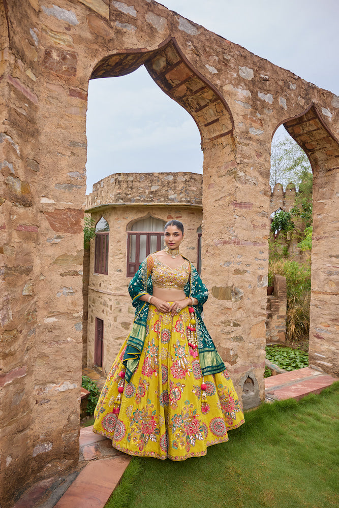 Mustard Yellow Designer Lehenga Choli with Teal Blue Dupatta and Multicolour Floral Embroidery