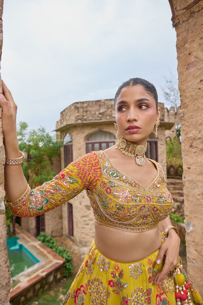 Mustard Yellow Designer Lehenga Choli with Teal Blue Dupatta and Multicolour Floral Embroidery