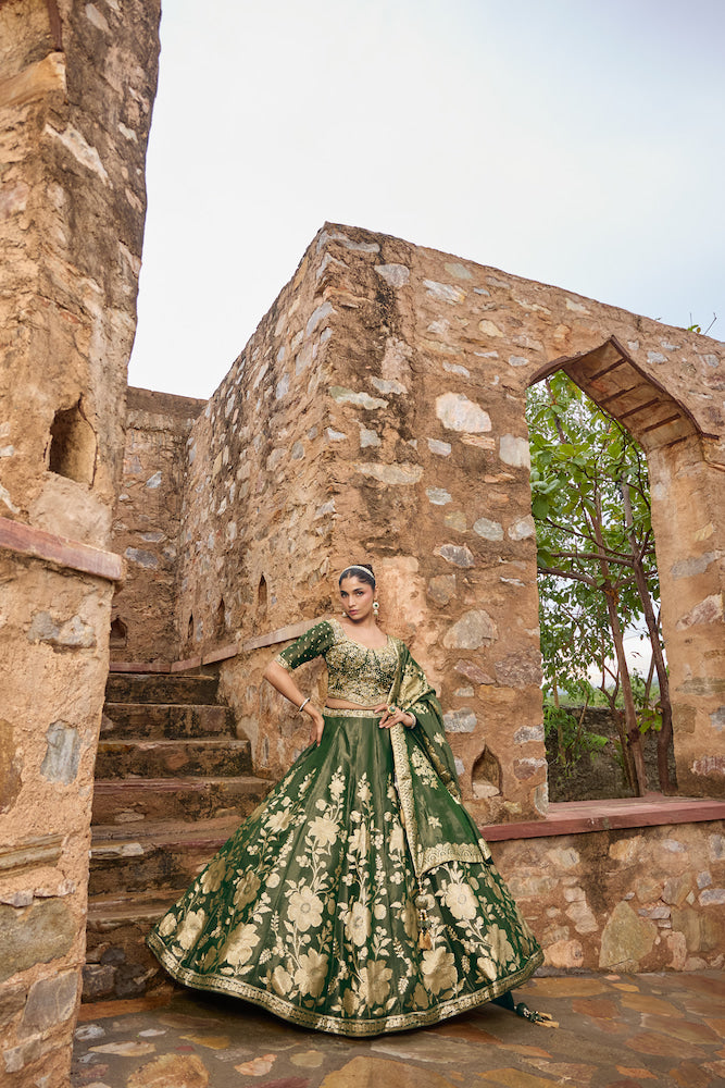 Dark Green Designer Lehenga Choli with Golden Floral Embroidery and Matching Dupatta