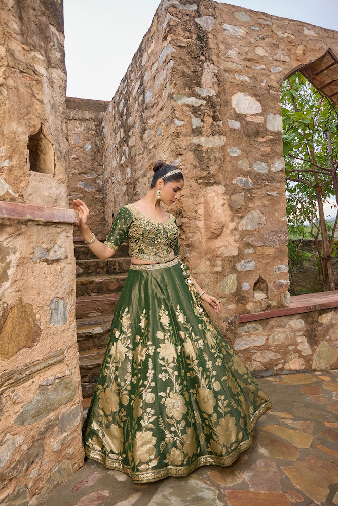 Dark Green Designer Lehenga Choli with Golden Floral Embroidery and Matching Dupatta