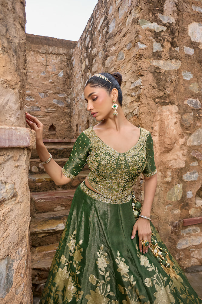 Dark Green Designer Lehenga Choli with Golden Floral Embroidery and Matching Dupatta