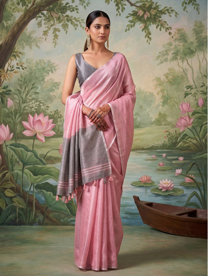 Elegant Pink Linen Saree with Grey Contrast Pallu