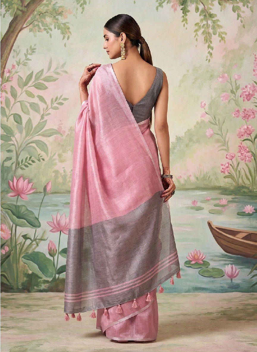 Elegant Pink Linen Saree with Grey Contrast Pallu