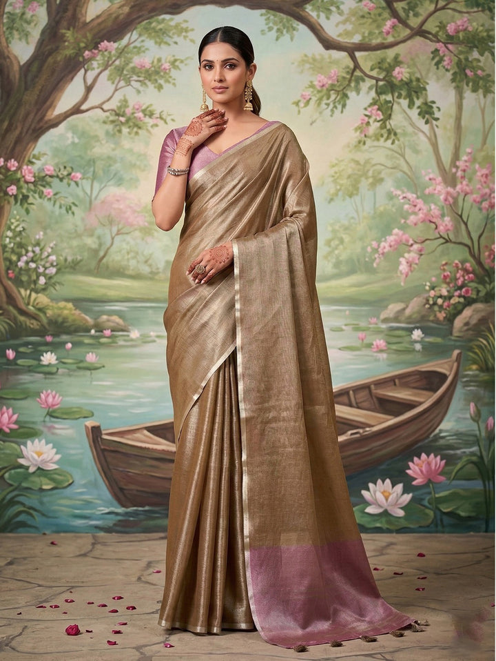 Elegant Bronze Tissue Saree with Pink Contrast Pallu
