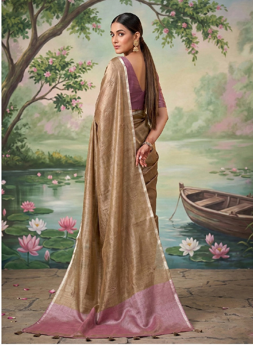 Elegant Bronze Tissue Saree with Pink Contrast Pallu