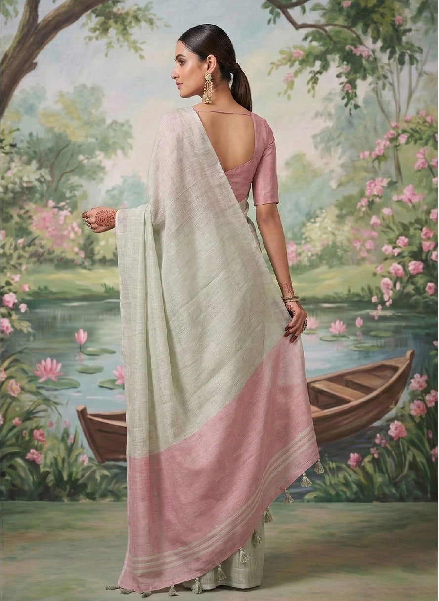 Elegant Pastel Linen Saree with Contrast Pink Border