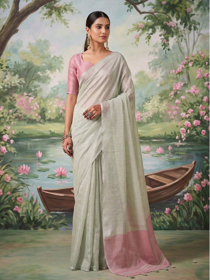 Elegant Pastel Linen Saree with Contrast Pink Border