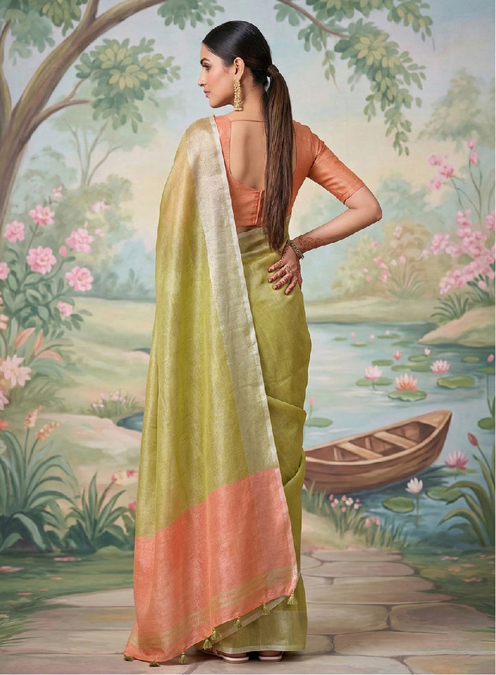 Pastel Green Linen Saree with Peach Contrast Border