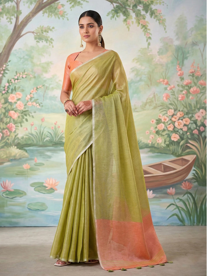 Pastel Green Linen Saree with Peach Contrast Border