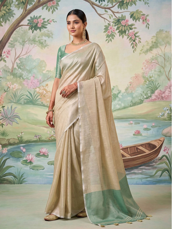Beige Linen Saree with Mint Green Contrast Border