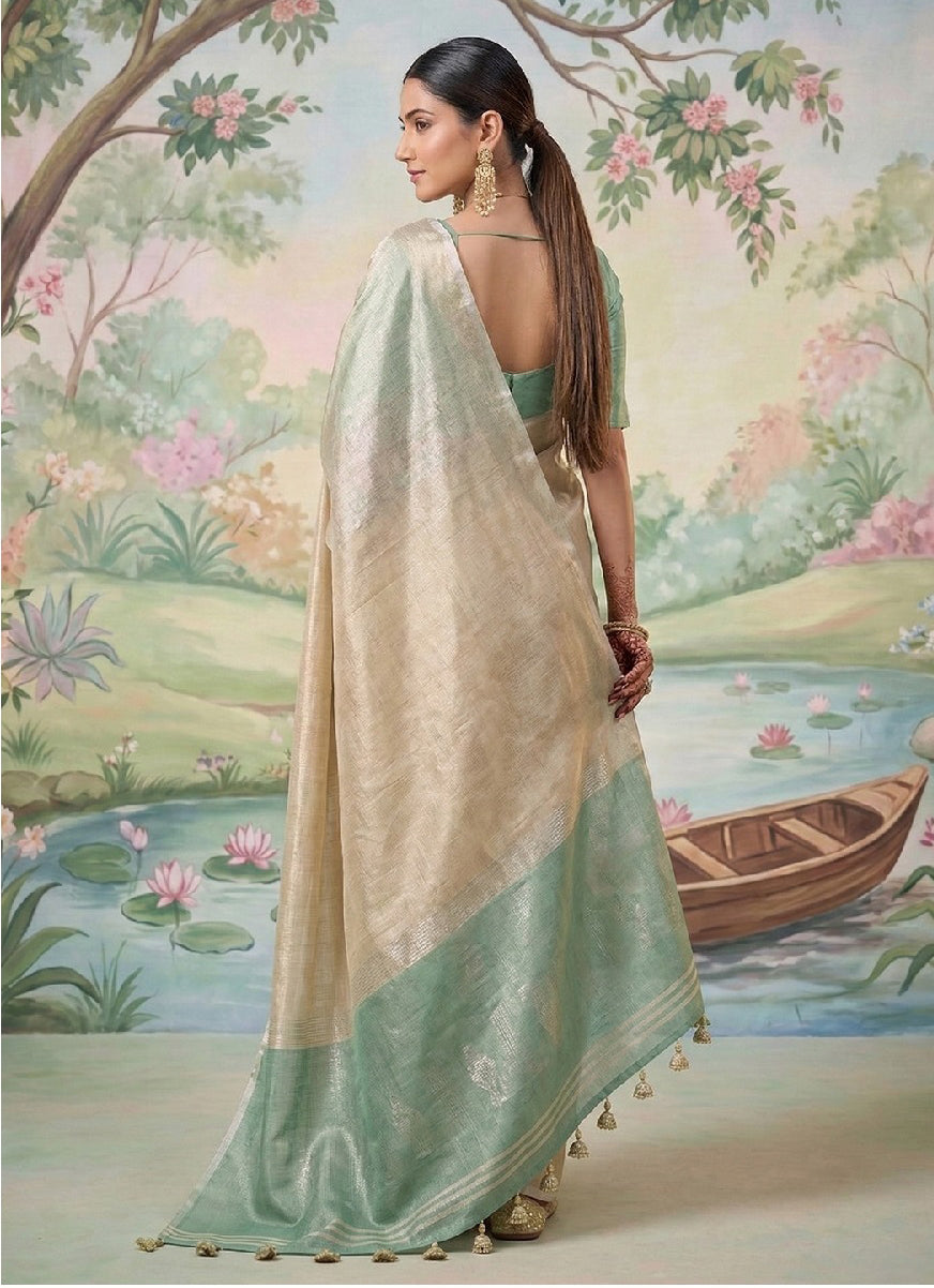 Beige Linen Saree with Mint Green Contrast Border