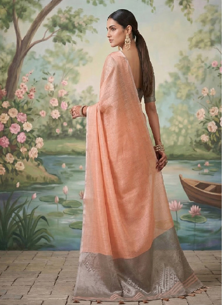 Peach Linen Saree with Grey Contrast Border