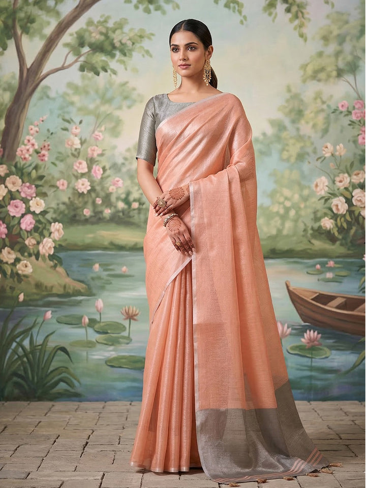 Peach Linen Saree with Grey Contrast Border