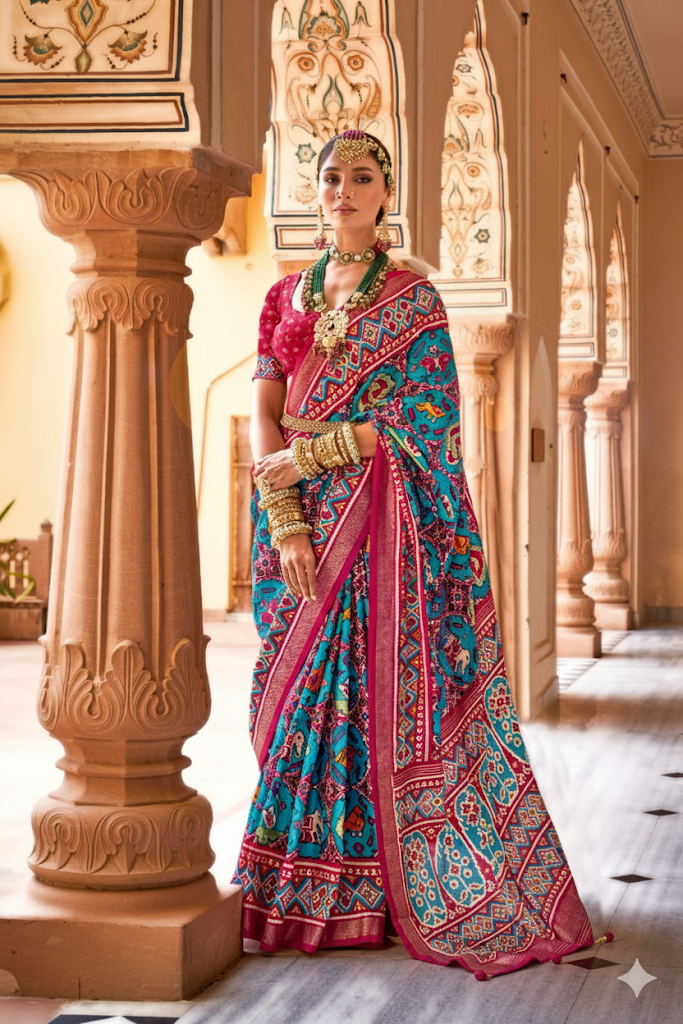 Purple & Teal Patola Silk Saree with Geometric Weaving, Paired with Blouse