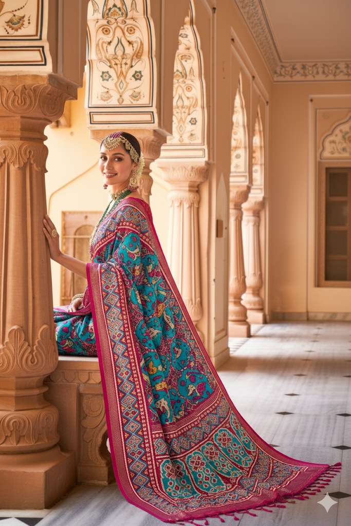 Purple & Teal Patola Silk Saree with Geometric Weaving, Paired with Blouse