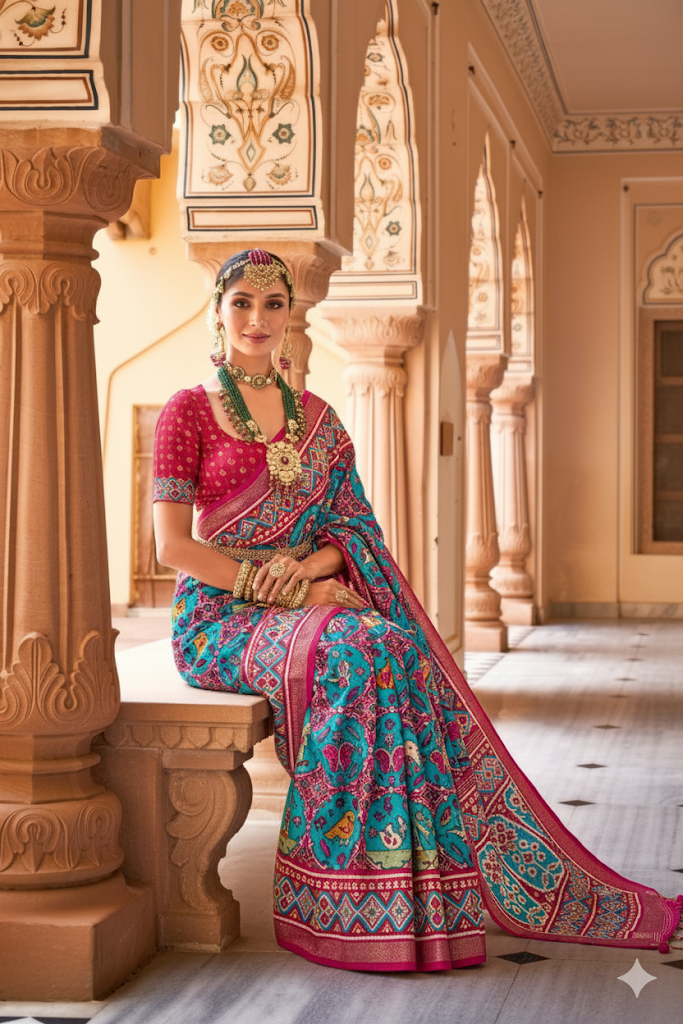 Purple & Teal Patola Silk Saree with Geometric Weaving, Paired with Blouse