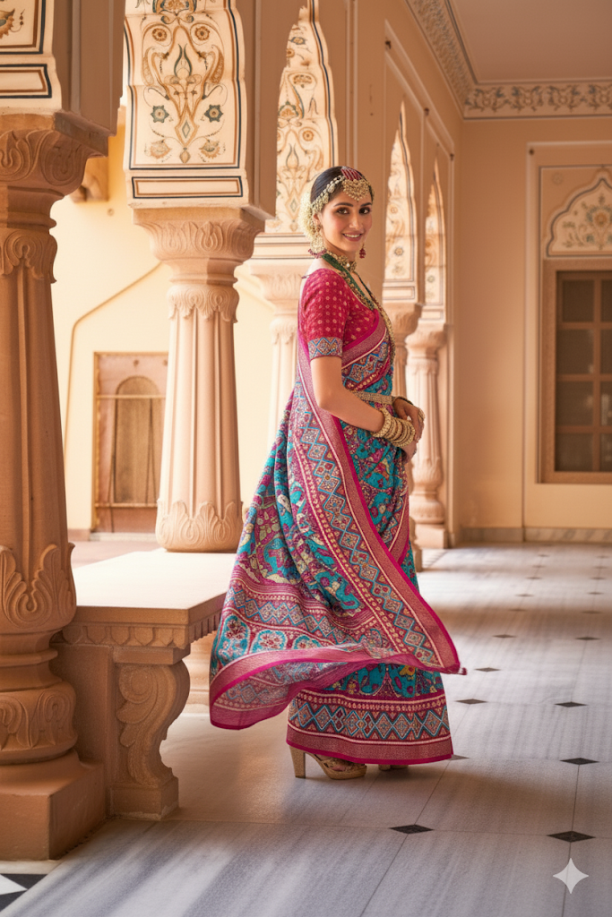 Purple & Teal Patola Silk Saree with Geometric Weaving, Paired with Blouse