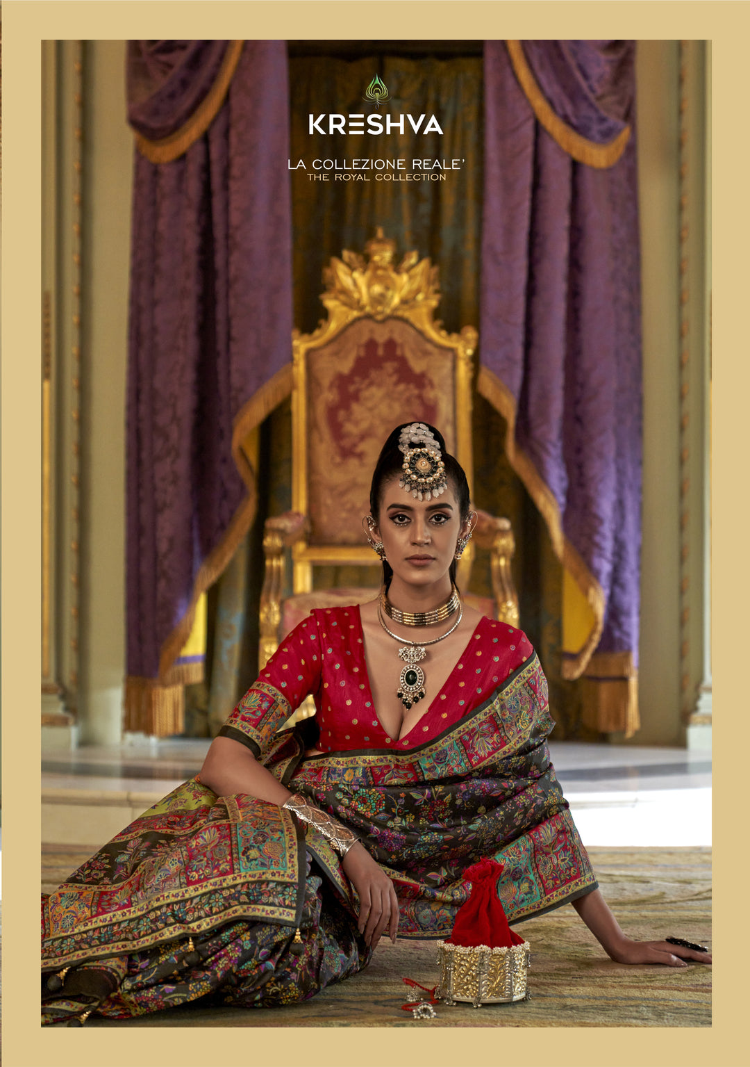 Royal Black Pashmina Inspired Heritage Print Saree with Red Blouse