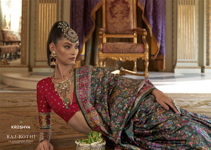 Royal Black Pashmina Inspired Heritage Print Saree with Red Blouse